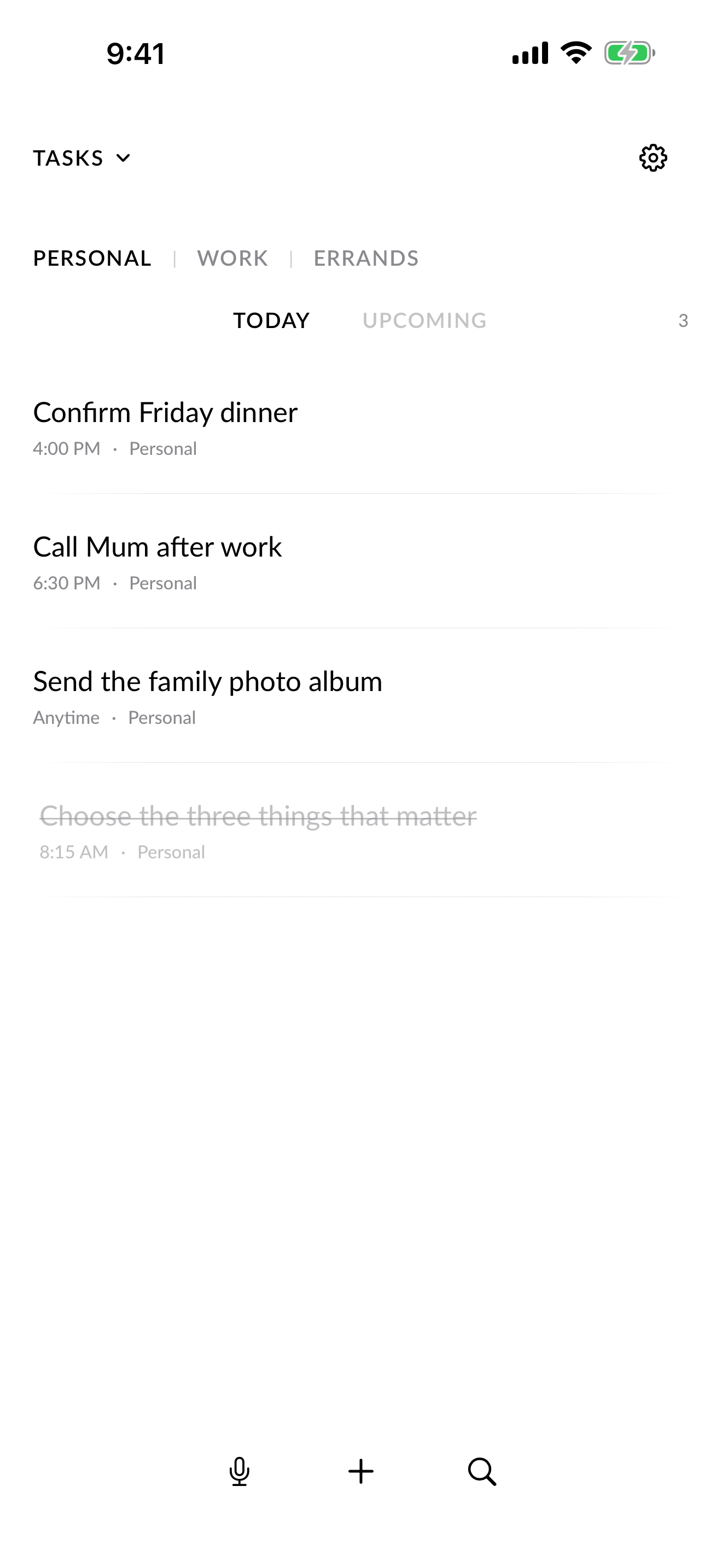 Clarity Tasks with a focused list for today.