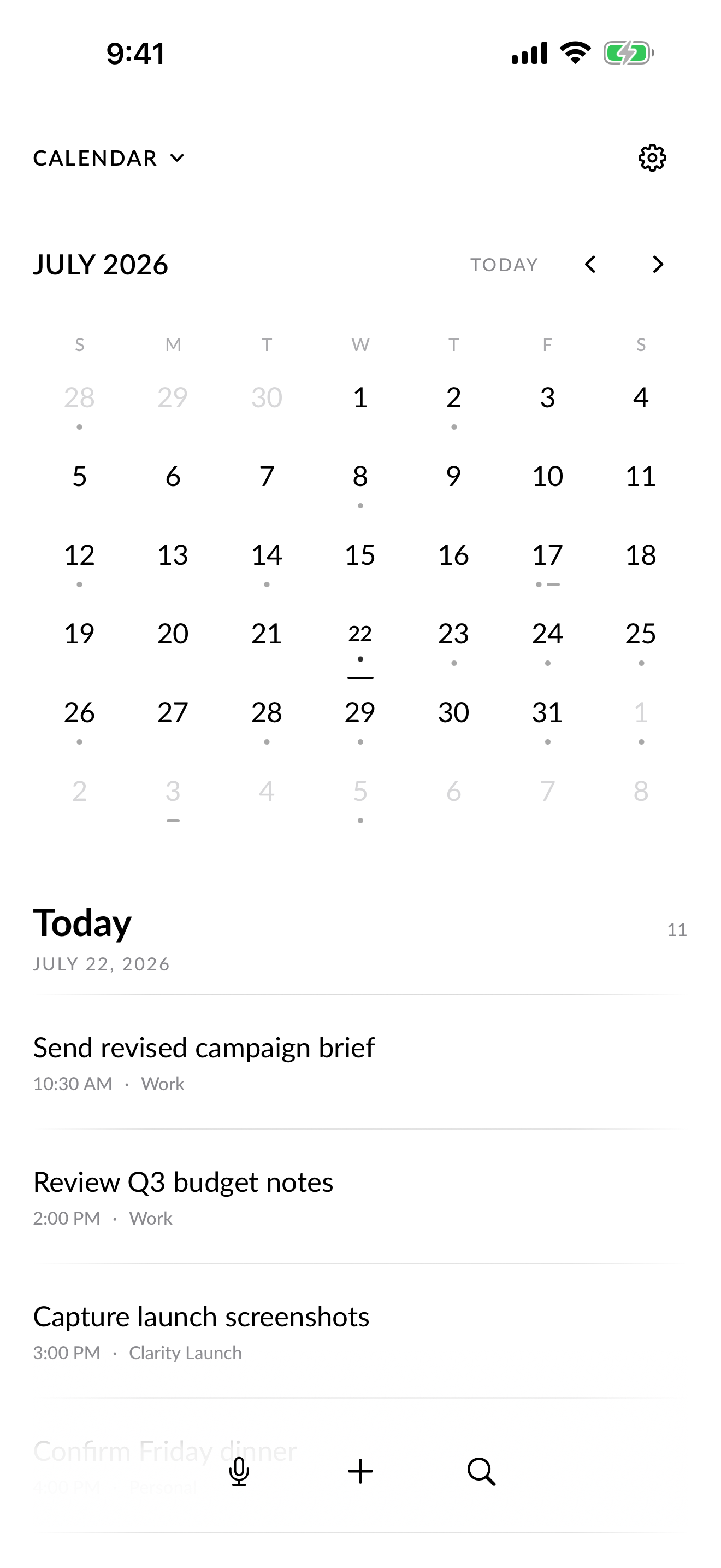 Clarity Calendar screen showing July 2026 and a selected-day agenda.