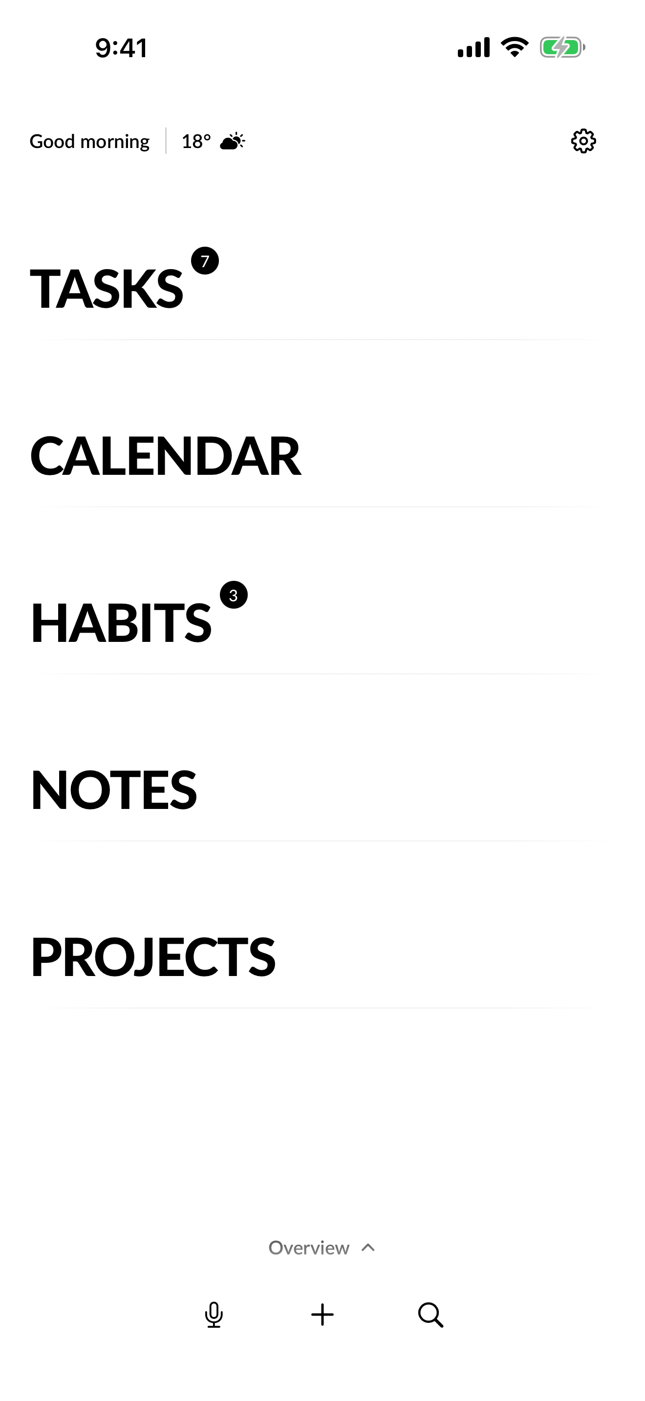 Clarity List View with Tasks, Calendar, Habits, Notes, and Projects.